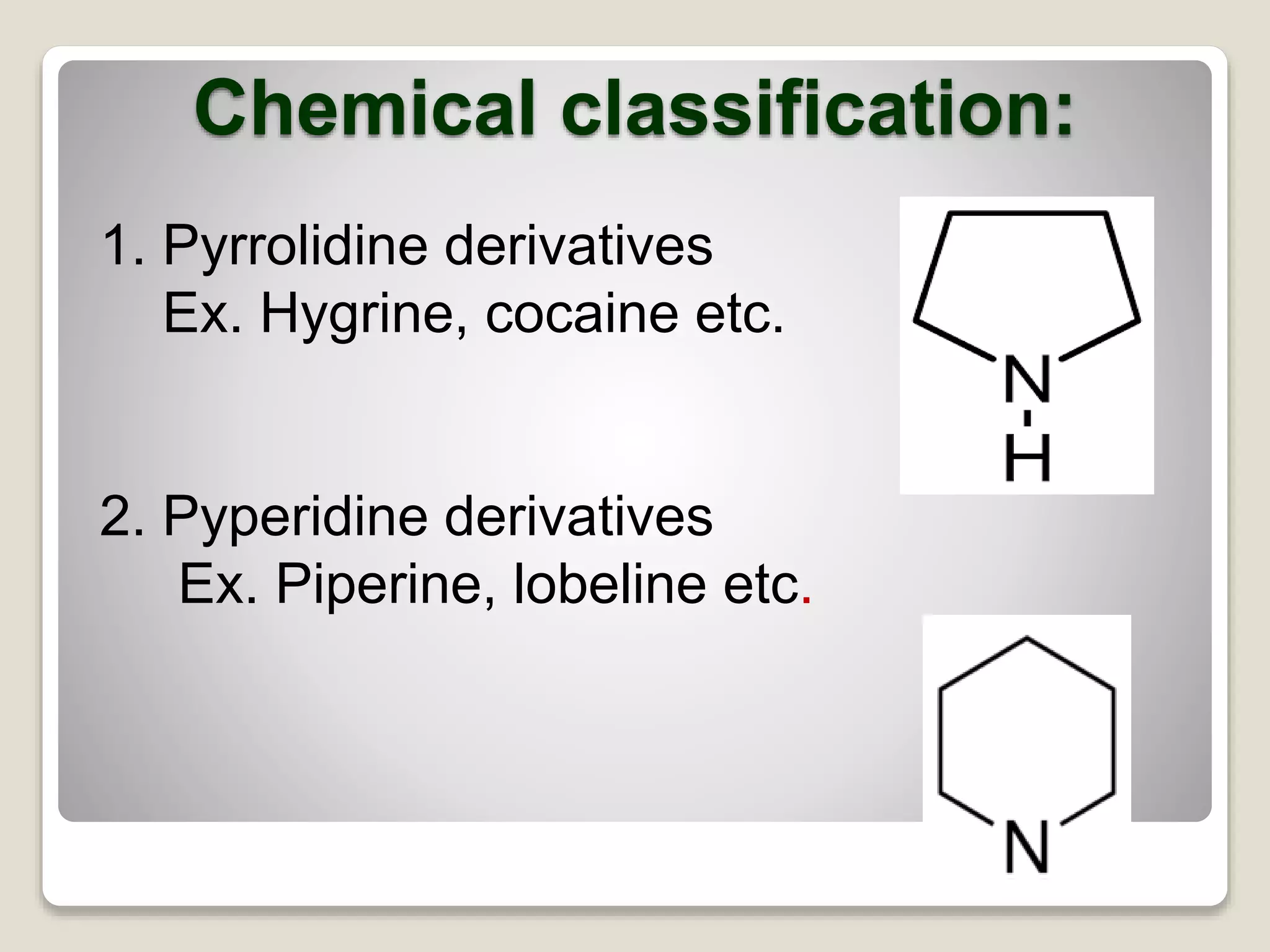 Chemical classification:
1. Pyrrolidine derivatives
Ex. Hygrine, cocaine etc.
2. Pyperidine derivatives
Ex. Piperine, lobeline etc.
 