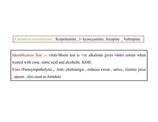 Chemical constituents : Scopolamine , l- hyoscyamine. Atropine , Valtropine
Identification Test :-- vitali-Morin test is +ve alkaloids gives violet colour when
treated with conc. nitric acid and alcoholic KOH.
Uses :Parasympatholytic , Anti- cholenergic , reduces sweat , saliva , Gastric juice
, spasm , also used as Antidote
Identification Test :-- vitali-Morin test is +ve alkaloids gives violet colour when
treated with conc. nitric acid and alcoholic KOH.
Uses :Parasympatholytic , Anti- cholenergic , reduces sweat , saliva , Gastric juice
, spasm , also used as Antidote
 