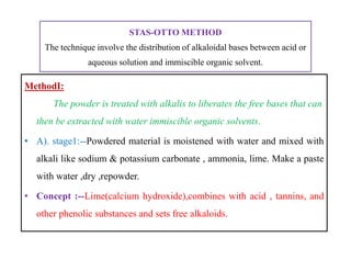 STAS-OTTO METHOD
The technique involve the distribution of alkaloidal bases between acid or
aqueous solution and immiscible organic solvent.
MethodI:
The powder is treated with alkalis to liberates the free bases that can
then be extracted with water immiscible organic solvents.
• A). stage1:--Powdered material is moistened with water and mixed with
alkali like sodium & potassium carbonate , ammonia, lime. Make a paste
with water ,dry ,repowder.
• Concept :--Lime(calcium hydroxide),combines with acid , tannins, and
other phenolic substances and sets free alkaloids.
MethodI:
The powder is treated with alkalis to liberates the free bases that can
then be extracted with water immiscible organic solvents.
• A). stage1:--Powdered material is moistened with water and mixed with
alkali like sodium & potassium carbonate , ammonia, lime. Make a paste
with water ,dry ,repowder.
• Concept :--Lime(calcium hydroxide),combines with acid , tannins, and
other phenolic substances and sets free alkaloids.
 
