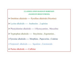 CLASSIFICATION BASED ON ROBINSON
( BASED ON BIOSYNTHESIS)
 Ornithine alkaloids ---- Pyrolline alkaloids (Nicotine)
 Lysine alkaloids ---- Anabasine , Lupinine
 Phenylalanine alkaloids ---- l-Hyoscyamine , Mescaline
 Tryptophan alkaloids ---- Strychnine , Ergotamine ,
Tyrosine alkaloids ---- Morphine , Papaverine , Codeine
Terpenoid alkaloids ----- Squalene , Carotenoids
 Purine alkaloids ---- Caffeine
CLASSIFICATION BASED ON ROBINSON
( BASED ON BIOSYNTHESIS)
 Ornithine alkaloids ---- Pyrolline alkaloids (Nicotine)
 Lysine alkaloids ---- Anabasine , Lupinine
 Phenylalanine alkaloids ---- l-Hyoscyamine , Mescaline
 Tryptophan alkaloids ---- Strychnine , Ergotamine ,
Tyrosine alkaloids ---- Morphine , Papaverine , Codeine
Terpenoid alkaloids ----- Squalene , Carotenoids
 Purine alkaloids ---- Caffeine
 