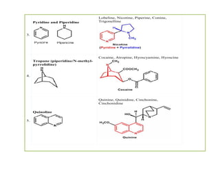 3.
Pyridine and Piperidine
Lobeline, Nicotine, Piperine, Conine,
Trigonelline
4.
Tropane (piperidine/N-methyl-
pyrrolidine)
Cocaine, Atropine, Hyoscyamine, Hyoscine
5.
Quinoline
Quinine, Quinidine, Cinchonine,
Cinchonidine
3.
Pyridine and Piperidine
Lobeline, Nicotine, Piperine, Conine,
Trigonelline
4.
Tropane (piperidine/N-methyl-
pyrrolidine)
Cocaine, Atropine, Hyoscyamine, Hyoscine
5.
Quinoline
Quinine, Quinidine, Cinchonine,
Cinchonidine
 
