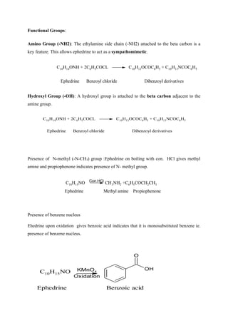 Functional Groups:
Amino Group (-NH2): The ethylamine side chain (-NH2) attached to the beta carbon is a
key feature. This allows ephedrine to act as a sympathomimetic.
C10H14ONH + 2C6H5COCL C10H13OCOC6H5 + C10H13NCOC6H5
Ephedrine Benzoyl chloride Dibenzoyl derivatives
Hydroxyl Group (-OH): A hydroxyl group is attached to the beta carbon adjacent to the
amine group.
C10H14ONH + 2C6H5COCL C10H13OCOC6H5 + C10H13NCOC6H5
Ephedrine Benzoyl chloride Dibenzoyl derivatives
Presence of N-methyl (-N-CH3) group :Ephedrine on boiling with con. HCl gives methyl
amine and propiophenone indicates presence of N- methyl group.
C10H15NO CH3NH2 +C6H5COCH2CH3
Con.HCl
Ephedrine Methyl amine Propiophenone
Presence of benzene nucleus
Ehedrine upon oxidation gives benzoic acid indicates that it is monosubstituted benzene ie.
presence of benzene nucleus.
C10H15NO
O
OH
KMnO4
Oxidation
Ephedrine Benzoic acid
 
