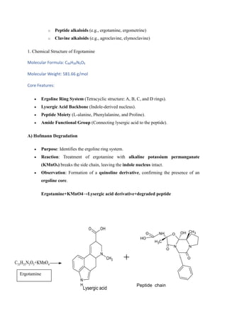 o Peptide alkaloids (e.g., ergotamine, ergometrine)
o Clavine alkaloids (e.g., agroclavine, elymoclavine)
1. Chemical Structure of Ergotamine
Molecular Formula: C₃₃H₃₅N₅O₅
Molecular Weight: 581.66 g/mol
Core Features:
 Ergoline Ring System (Tetracyclic structure: A, B, C, and D rings).
 Lysergic Acid Backbone (Indole-derived nucleus).
 Peptide Moiety (L-alanine, Phenylalanine, and Proline).
 Amide Functional Group (Connecting lysergic acid to the peptide).
A) Hofmann Degradation
 Purpose: Identifies the ergoline ring system.
 Reaction: Treatment of ergotamine with alkaline potassium permanganate
(KMnO₄) breaks the side chain, leaving the indole nucleus intact.
 Observation: Formation of a quinoline derivative, confirming the presence of an
ergoline core.
Ergotamine+KMnO4→Lysergic acid derivative+degraded peptide
NH O
N N
O
O
O
C
H3
OH CH3
O
H
Peptide chain
N
N
H
CH3
O OH
Lysergic acid
C33H35N5O5+KMnO4
Ergotamine
+
 