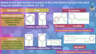 Based on the ring structure or nucleus of the chief alkaloid group in the plant
drug are classified as follows: (1) , (2)
Alkaloids Ring Examples
Pyridine-piperidine
The alkaloids in this group
contain Pyridine or
Piperidine in the
molecule
Pyridine-piperidine Nicotine Coniine
Tropane
Tropane is a dicyclic
compound where both
Pyrrolidine and Piperidine
ring systems are present Pyrrolidine-piperidine- Tropane Atropine
+e.g. lobelia alkaloids, lupine alkaloids,
+e.g. hyoscyamine and scopolamine,
M
d
.
I
m
r
a
n
N
u
r
M
a
n
i
k
 