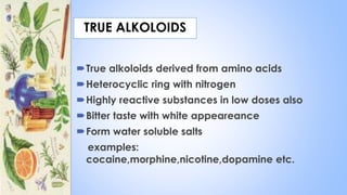 TRUE ALKOLOIDS
True alkoloids derived from amino acids
Heterocyclic ring with nitrogen
Highly reactive substances in low doses also
Bitter taste with white appeareance
Form water soluble salts
examples:
cocaine,morphine,nicotine,dopamine etc.
 
