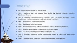 HISTORY
 1st use of caffeine as early as 600,000 BCE .
 1820 - Caffeine was first isolated from coffee by German chemist Friedlieb
Ferdinand Runge,.
 1821 - . Pelletier coined the term "caffeine" from the French word for coffee
(café), and this term became the English word "caffeine".
 1821 - Pure caffeine extracted from coffee.
 1880 - Caffeinated soft drinks appear.
 1903 - Researchers remove caffeine from beans ‘without destroying the flavor’.
 1923 - Decaffeinated coffee is introduced to the United States.
 1940 - The US imports 70 percent of the world coffee crop.
 1962 - American per-capita coffee consumption peaks at more than three cups
a day.
 1995 - Coffee becomes the worlds most popular beverage (overtaking tea ) .
 