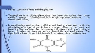  Coffee contain caffeine and theophylline
 Theophylline is a dimethylxanthines that have two rather than three
methyl groups 3,7-dihydro-1,3-dimethyl-1H-purine-2,6-dione; 1,3-
dimethylxanthine,
 Is considerably weaker than caffeine and having about one tenth the
stimulating effect of either. It has a stronger effect on the heart and
breathing than caffeine. For this reason it is often the drug of choice in
home remedies for treating asthma bronchitis and emphysema. The
theophylline found in medicine is made from extracts from coffee or tea.
 