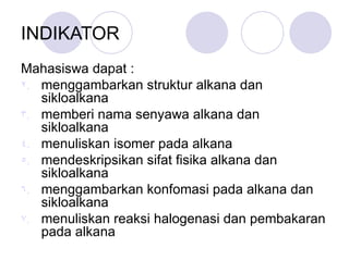 INDIKATOR Mahasiswa dapat : menggambarkan struktur alkana dan sikloalkana memberi nama senyawa alkana dan sikloalkana menuliskan isomer pada alkana mendeskripsikan sifat fisika alkana dan sikloalkana menggambarkan konfomasi pada alkana dan sikloalkana menuliskan reaksi halogenasi dan pembakaran pada alkana  