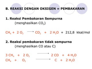 B. REAKSI DENGAN OKSIGEN = PEMBAKARAN 1.   Reaksi Pembakaran Sempurna   (menghasilkan CO 2 ) CH 4  +  2 O 2   CO 2   +  2 H 2 O   +  212,8  kkal/mol 2. Reaksi pembakaran tidak sempurna   (menghasilkan CO atau C) 3 CH 4   +  2 O 2   2 CO  +  4 H 2 O  CH 4   +  O 2   C  +  2 H 2 O 
