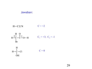 29
Jawaban:
H C N
C
H
H
Br
C
O
O H
12
C
H
H
OH
Cl
C = +2
C1 = +3; C2 = -1
C = 0
 