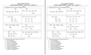 SMA NEGERI 7 MEDAN
BAHAN DISKUSI KIMIA - Kelas / Sem. : XI.MIPA / 3
Soal
1. Tuliskan nama IUPAC dari senyawa Hidrokarbon berikut !
2. Tuliskan Struktur Senyawa Karbon yang namanya sbb :
a. 2,2,4-trimetiloktana
b. 3-etil-2,2-dimetilpentana
c. 3-etil-2,2,5-trimetilheksana
d. 3,6-dietil-2,4,4-trimetiloktana
e. 3-etil-2,2,4,6-tetrametiloktana
f. 2-metil-4-isopropiloktana
g. 3,5-dietil-2,6-dimetil-4-propilheptana
h. 4-isopropil-4-propilheptana
i. 2,6-dimetil-4,4-diisopropilheptana
j. 5-metil-5-tersierbutilnonana
SMA NEGERI 7 MEDAN
BAHAN DISKUSI KIMIA - Kelas / Sem. : XI.MIPA / 3
Soal
1. Tuliskan nama IUPAC dari senyawa Hidrokarbon berikut !
2. Tuliskan Struktur Senyawa Karbon yang namanya sbb :
a. 2,2,4-trimetiloktana
b. 3-etil-2,2-dimetilpentana
c. 3-etil-2,2,5-trimetilheksana
d. 3,6-dietil-2,4,4-trimetiloktana
e. 3-etil-2,2,4,6-tetrametiloktana
f. 2-metil-4-isopropiloktana
g. 3,5-dietil-2,6-dimetil-4-propilheptana
h. 4-isopropil-4-propilheptana
i. 2,6-dimetil-4,4-diisopropilheptana
j. 5-metil-5-tersierbutilnonana
 