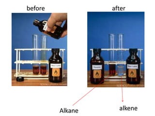 (ii)	Addition of  Halogen (Halogenation)Alkenes react with halogens such as chlorine,Cl2 and bromine, Br2 at room conditions.(nocatalystorultraviolet light needed)Example : + Br2Ethene                        (bromine water) When ethene gas is passed through bromine water, brown colour of bromine water is decolourised // colourless solution formed.