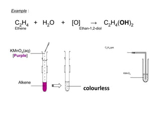 iii)Addition of  Hydrogen Halide [ HX HCl, HBr, HI ]Alkenes react with hydrogen halide such as hydrogen chloride, HCl or hydrogen bromide, HBr at room temperature to form haloalkane.Example :                   C2H4     	+   	HCl       ->         C2H5Cl Ethene                  Hydrogen chloride         Chloroethane                  C3H6     	+   	HBr            ->         PropeneHydrogen bromide        ………………….