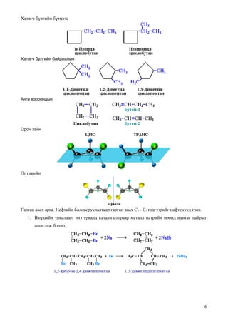 Халагч бүлгийн бүтцээс




Халагч бүлгийн байрлалын




Анги хоорондын




Орон зайн




Оптикийн




Гарган авах арга. Нефтийн боловсруулалтаар гарган авах С5 - С7 тэдгээрийг нафтенууд гэнэ.
   1. Вюрцийн урвалаар: энэ урвалд катализатораар металл натрийн оронд нунтаг цайрыг
      ашиглаж болно.




                                                                                            6
 