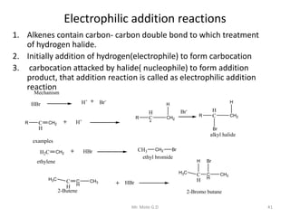 Electrophilic addition reactions
1. Alkenes contain carbon- carbon double bond to which treatment
of hydrogen halide.
2. Initially addition of hydrogen(electrophile) to form carbocation
3. carbocation attacked by halide( nucleophile) to form addition
product, that addition reaction is called as electrophilic addition
reaction
41Mr. Mote G.D
C
H
CH2 H+
H
C CH2
R
HBr H+
Br-
R
H
H
C CH2R
H
Br
alkyl halide
H2C CH2 HBr CH3 CH2 Br
ethyl bromide
ethylene
C
H
C
H HBr
2-Bromo butane2-Butene
H3C CH3
C
H
C
H
H3C CH3
BrH
Br-
Mechanism
examples
 