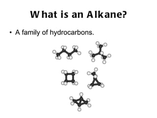 What is an Alkane? A family of hydrocarbons.  