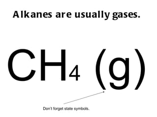 Alkanes are usually gases.   CH 4  (g) Don’t forget state symbols.  