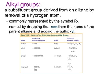 Alkyl groups:

a substituent group derived from an alkane by
removal of a hydrogen atom.
– commonly represented by the symbol R-.
– named by dropping the -ane from the name of the
parent alkane and adding the suffix - yl.
yl

 