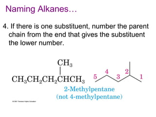 Naming Alkanes…
4. If there is one substituent, number the parent
chain from the end that gives the substituent
the lower number.

 