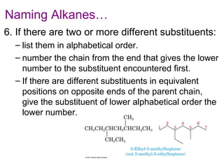 Naming Alkanes…
6. If there are two or more different substituents:
– list them in alphabetical order.
– number the chain from the end that gives the lower
number to the substituent encountered first.
– If there are different substituents in equivalent
positions on opposite ends of the parent chain,
give the substituent of lower alphabetical order the
lower number.

 