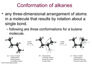 Conformation of alkanes
• any three-dimensional arrangement of atoms
in a molecule that results by rotation about a
single bond.
– following are three conformations for a butane
molecule.

 