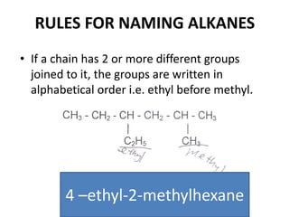 RULES FOR NAMING ALKANES
• If a chain has 2 or more different groups
joined to it, the groups are written in
alphabetical order i.e. ethyl before methyl.

4 –ethyl-2-methylhexane

 