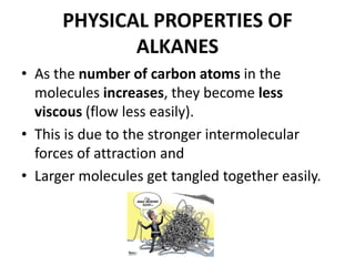 PHYSICAL PROPERTIES OF
ALKANES
• As the number of carbon atoms in the
molecules increases, they become less
viscous (flow less easily).
• This is due to the stronger intermolecular
forces of attraction and
• Larger molecules get tangled together easily.

 