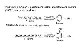 Thus when n-hexane is passed over Cr205 supported over alumina
at 600°, benzene is produced.
 