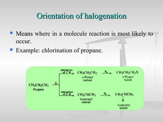 MeansMeans where in a molecule reaction is most likely to
occur.
 Example: chlorination of propane.
Orientation of halogenationOrientation of halogenation
 