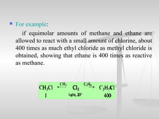  For example:
if equimolar amounts of methane and ethane are
allowed to react with a small amount of chlorine, about
400 times as much ethyl chloride as methyl chloride is
obtained, showing that ethane is 400 times as reactive
as methane.
 