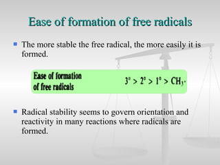  The more stable the free radical, the more easily it is
formed.
 Radical stability seems to govern orientation and
reactivity in many reactions where radicals are
formed.
Ease of formation of free radicalsEase of formation of free radicals
 