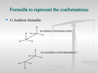 Formulla to represent the conformationsFormulla to represent the conformations
 1) Andiron formulla:1) Andiron formulla:
ECLIPSED CONFORMATIONECLIPSED CONFORMATION
STAGGERED CONFORMATIONSTAGGERED CONFORMATION
H
H
H
H
H H
H
H
H
H H
H
 