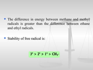  The difference in energy between methane and methyl
radicals is greater than the difference between ethane
and ethyl rad...