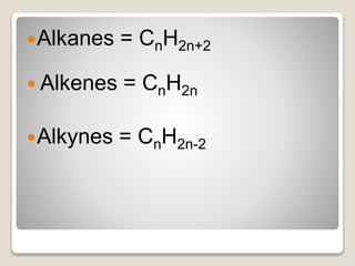 Alkanes = CnH2n+2
 Alkenes = CnH2n
Alkynes = CnH2n-2
 