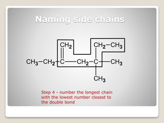 Naming side chains
CH3 CH2 C
CH2
CH2 C
CH2
CH3
CH3
CH3
Step 4 - number the longest chain
with the lowest number closest to
the double bond
 