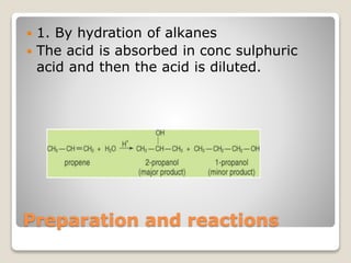 Preparation and reactions
 1. By hydration of alkanes
 The acid is absorbed in conc sulphuric
acid and then the acid is diluted.
 