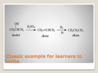 Classic example for learners to
write
CH3CHCH3
OH
H2SO4
CH2 CHCH3
H2
Pt
CH3CH2CH3
alcohol alkene alkane
 