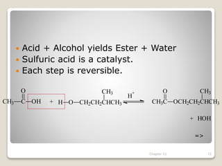  Acid + Alcohol yields Ester + Water
 Sulfuric acid is a catalyst.
 Each step is reversible.
Chapter 11 72
CH3 C OH
O
+ CH2CH2CHCH3
CH3
OH
H
+
CH3C
O
OCH2CH2CHCH3
CH3
+ HOH
=>
 