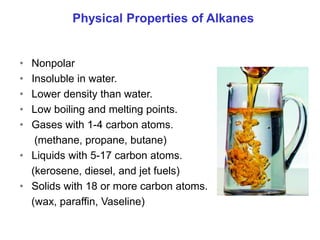 • Nonpolar
• Insoluble in water.
• Lower density than water.
• Low boiling and melting points.
• Gases with 1-4 carbon atoms.
(methane, propane, butane)
• Liquids with 5-17 carbon atoms.
(kerosene, diesel, and jet fuels)
• Solids with 18 or more carbon atoms.
(wax, paraffin, Vaseline)
Physical Properties of Alkanes
 