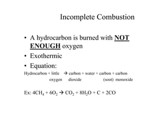 Incomplete Combustion
• A hydrocarbon is burned with NOT
ENOUGH oxygen
• Exothermic
• Equation:
Hydrocarbon + little  carbon + water + carbon + carbon
oxygen dioxide (soot) monoxide
Ex: 4CH4 + 6O2  CO2 + 8H2O + C + 2CO
 
