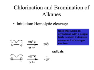 Chlorination and Bromination of
Alkanes
• Initiation: Homolytic cleavage
Cl Cl
400o
C
or h
2 Cl
Br Br
400o
C
or h
2 Br
radicals
Note that when an
arrowhead with a single
barb is used, it denotes
movement of a single
electron
 