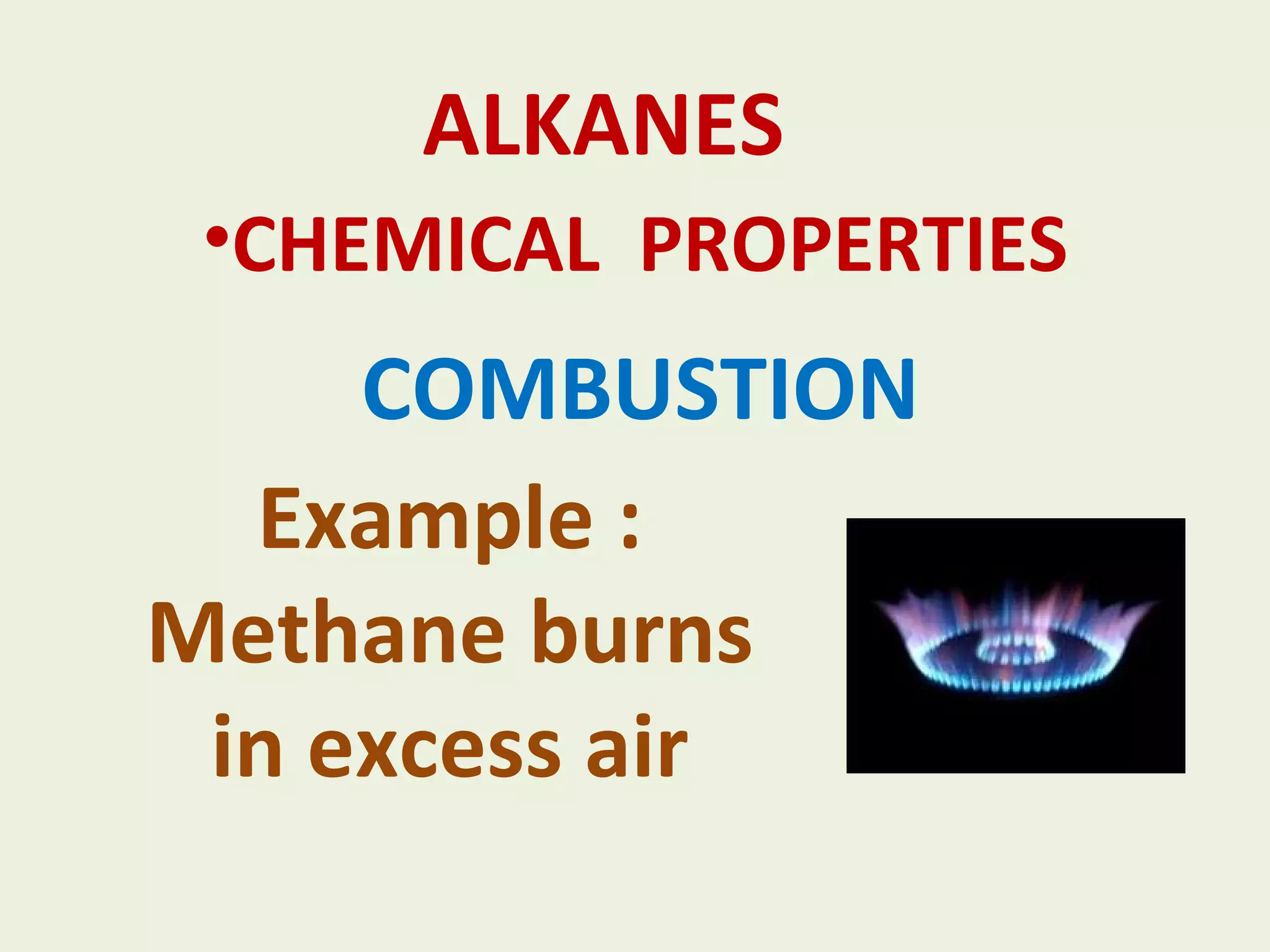 ALKANES CHEMICAL PROPERTIES COMBUSTION Example : Methane burns in excess air