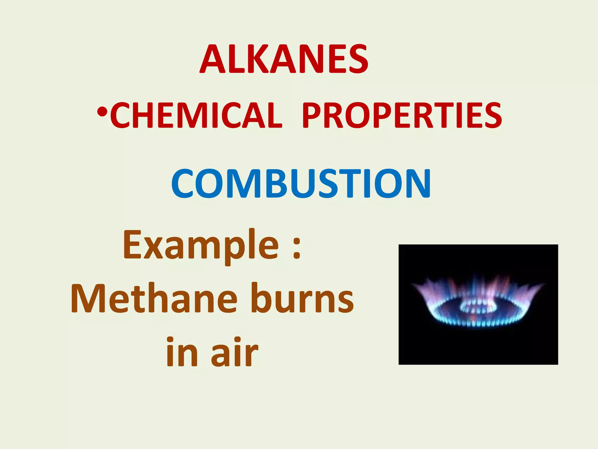 ALKANES CHEMICAL PROPERTIES COMBUSTION Example : Methane burns in air