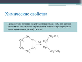 Химические свойства
При действии сильных окислителей (например, 50%-ной азотной
кислоты) на циклогексан в присутствии катализатора образуется
адипиновая (гександиовая) кислота:
 