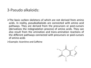 3-Pseudo alkaloids:
The basic carbon skeletons of which are not derived from amino
acids. In reality, pseudoalkaloids are connected with amino acid
pathways. They are derived from the precursors or post-cursors
(derivatives the indegradation process) of amino acids. They can
also result from the amination and trans-amination reactions of
the different pathways connected with precursors or post-cursors
of amino acids
Example: Aconitine and Caffeine
 