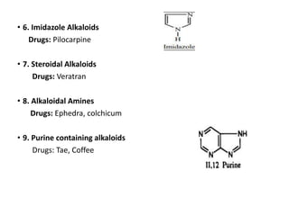 • 6. Imidazole Alkaloids
Drugs: Pilocarpine
• 7. Steroidal Alkaloids
Drugs: Veratran
• 8. Alkaloidal Amines
Drugs: Ephedra, colchicum
• 9. Purine containing alkaloids
Drugs: Tae, Coffee
 