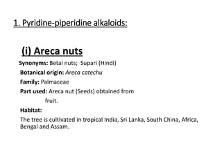 1. Pyridine-piperidine alkaloids:
(i) Areca nuts
Synonyms: Betal nuts; Supari (Hindi)
Botanical origin: Areca catechu
Family: Palmaceae
Part used: Areca nut (Seeds) obtained from
fruit.
Habitat:
The tree is cultivated in tropical India, Sri Lanka, South China, Africa,
Bengal and Assam.
 