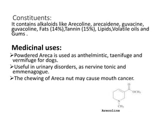 Constituents:
It contains alkaloids like Arecoline, arecaidene, guvacine,
guvacoline, Fats (14%),Tannin (15%), Lipids,Volatile oils and
Gums .
Medicinal uses:
Powdered Areca is used as anthelmintic, taenifuge and
vermifuge for dogs.
Useful in urinary disorders, as nervine tonic and
emmenagogue.
The chewing of Areca nut may cause mouth cancer.
 