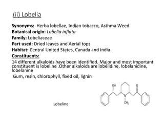 (ii) Lobelia
Synonyms: Herba lobellae, Indian tobacco, Asthma Weed.
Botanical origin: Lobelia inflata
Family: Lobeliaceae
Part used: Dried leaves and Aerial tops
Habitat: Central United States, Canada and India.
Constituents:
14 different alkaloids have been identified. Major and most important
constituent is lobeline .Other alkaloids are lobelidine, lobelanidine,
lobelanine
Gum, resin, chlorophyll, fixed oil, lignin
Lobeline
 