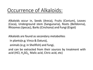 Occurrence of Alkaloids:
Alkaloids occur in, Seeds (Areca), Fruits (Conium), Leaves
(Coca), Underground stem (Sangunaria), Roots (Belldonna),
Rhizomes (Ipecac), Barks (Cinchona) and Fungi (Ergot)
Alkaloids are found as secondary metabolites
in plants(e.g; Vinca & Datura),
animals (e.g; in Shellfish) and fungi,
and can be extracted from their sources by treatment with
acid (HCl, H2SO4, Malic acid, Citric acid, etc)
 